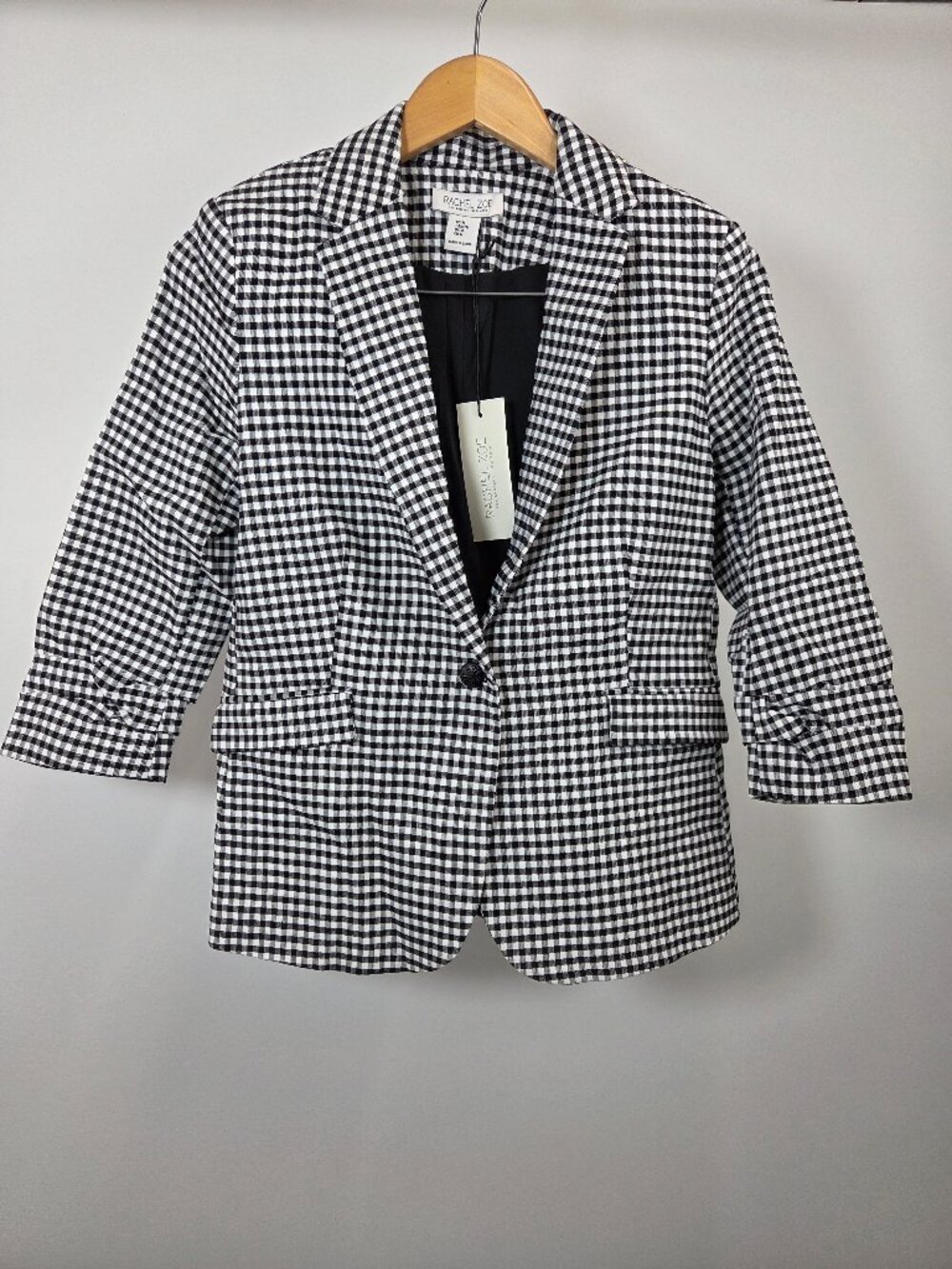 Rachel Zoe Blazer Jacket Women’s Medium Black White Gingham Check Ruched Sleeve